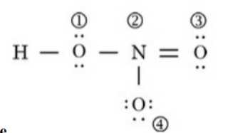 Lewis structure of nitric acid showing H–O–N=O with another O singly bonded below N; atoms marked 1 on OH oxygen, 2 on nitrogen, 3 on double-bonded oxygen, and 4 on lower singly bonded oxygen.