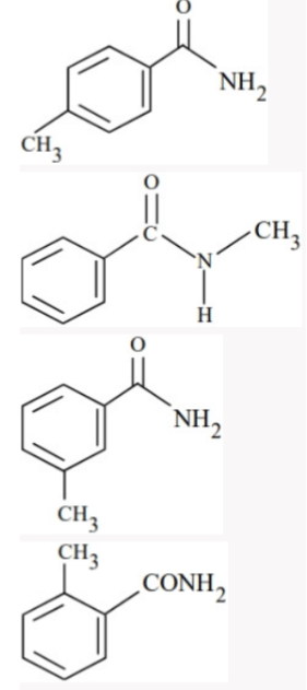 Four aromatic amide structure options are shown, including positional isomers of methyl benzamide and an N-methyl benzamide structure.
