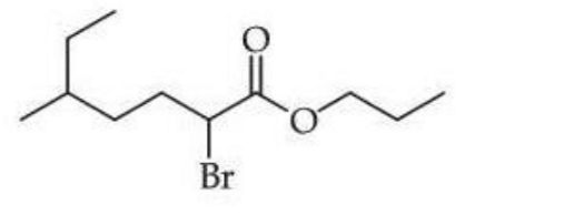 Skeletal structure of an ester showing a carbonyl attached to oxygen and a propyl group, with a bromo substituent on the alpha carbon and a branched alkyl chain on the acyl side.