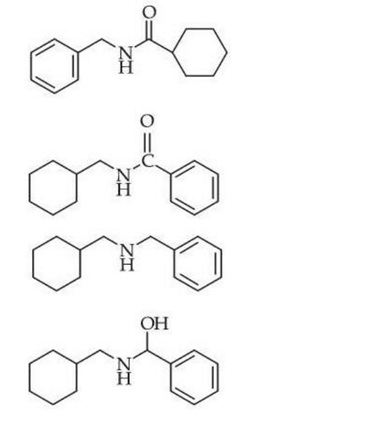 Four organic structure options shown vertically, including two amides, one secondary amine linking cyclohexylmethyl and benzyl groups, and one amino alcohol derivative.