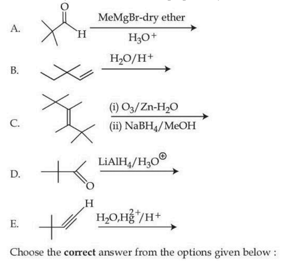 Five reaction schemes labeled A to E for preparing 3,3-dimethyl-2-butanol, followed by four combined answer choices asking which methods cannot prepare the alcohol.