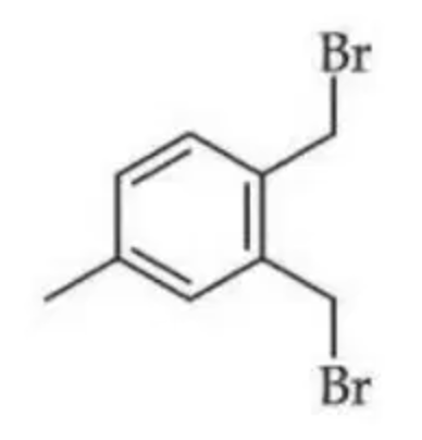 Methyl-substituted benzene ring bearing two bromomethyl substituents on adjacent side-chain positions, one above and one below the ring on the right side.