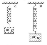 Two vertical springs hung from a fixed support, labeled A and B, carrying blocks of 100 g and 200 g respectively.