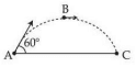 Projectile path from point A to point C with launch angle 60 degrees at A and highest point marked B on the trajectory.