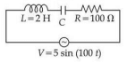 Series LCR circuit with an inductor of 2 H, a resistor of 100 ohm, a capacitor C, and an AC source V equals 5 sin 100 t.