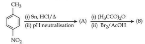 Reaction scheme starting from 4-nitrotoluene with CH3 para to NO2, then reagents Sn, HCl, water and pH neutralisation to give A, followed by acetic anhydride and bromine in acetic acid to give B.