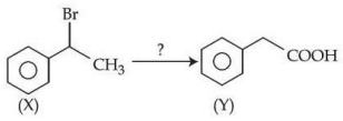 Reaction conversion showing compound X as brominated side-chain benzene derivative converting to compound Y as phenylpropionic acid, with a question mark over the reaction arrow.