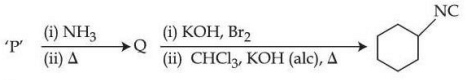 Reaction sequence showing compound P treated with ammonia and heat to give Q, then with potassium hydroxide and bromine followed by chloroform, alcoholic potassium hydroxide, and heat to form methyl isocyanide.