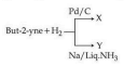 Reaction scheme showing but-2-yne reacting with H2; upper arrow Pd/C gives product X and lower arrow Na over liquid NH3 gives product Y.