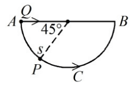 A missing physics diagram comparing bead P sliding on a frictionless semicircular string and bead Q being ejected, with times t_P and t_Q to be compared.