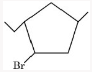 Cyclopentane ring with a methyl substituent on the left upper carbon, a bromine on the adjacent lower left carbon, and another methyl substituent on the right upper carbon.
