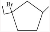 Cyclopentane ring with bromine and an alkyl substituent attached to the same left upper carbon and a methyl substituent on the right upper carbon.