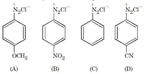 Four benzene diazonium chloride structures labeled A, B, C and D with para substituents OCH3, NO2, H and CN respectively.