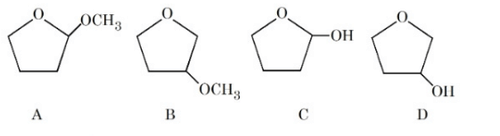 Four cyclic ether compounds labeled A, B, C and D; A and B contain methoxy substituents, C is a cyclic hemiacetal with hydroxyl group, and D is a cyclic alcohol attached to the ring oxygen system.