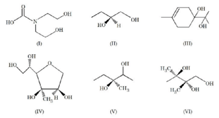 A missing figure showing multiple compound structures labeled likely with Roman numerals, required to identify which contain a secondary alcohol group.