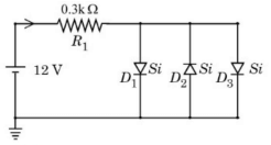 A 12 V source in series with a 0.3 kilo-ohm resistor feeding three identical silicon diodes D1, D2 and D3 connected in parallel to ground.