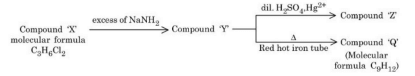 Reaction sequence showing compound X of molecular formula C3H6Cl2 converting to compound Y with excess NaNH2, then Y to compound Z with dil. H2SO4 and Hg2+, and Y to compound Q through a red hot iron tube, where Q has molecular formula C9H12.