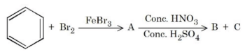 Reaction scheme showing benzene reacting with bromine in presence of FeBr3 to form A, followed by nitration with concentrated HNO3 and concentrated H2SO4 to give products B and C.