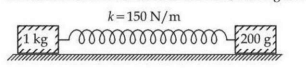 Two blocks of mass 1 kg and 200 g lie on a frictionless horizontal surface connected by a spring labeled k = 150 N/m, with the spring stretched between them.