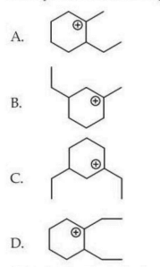 Four labeled cyclic carbocation structures A, B, C and D are shown, each based on a cyclohexyl carbocation framework with different alkyl substituent positions.