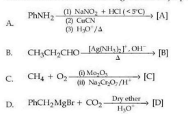 Four organic reaction sequences labeled A, B, C, and D producing products from aniline, propanal, methane, and benzylmagnesium bromide respectively, with reagents shown over arrows for diazotization, Tollens oxidation, oxidation, and carboxylation.
